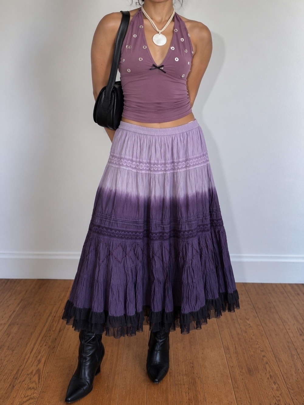 Ombre Lavender to Deep Plum Tiered Maxi Skirt